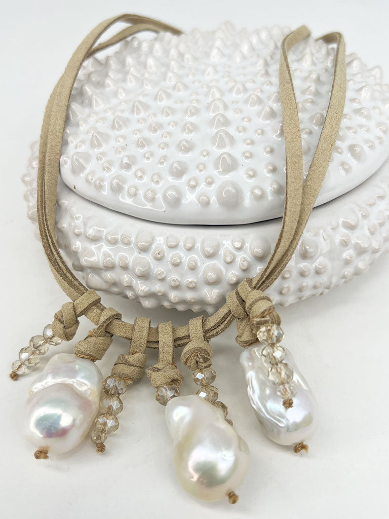 Calypso Baroque Pearl+Crystal Leather Necklace